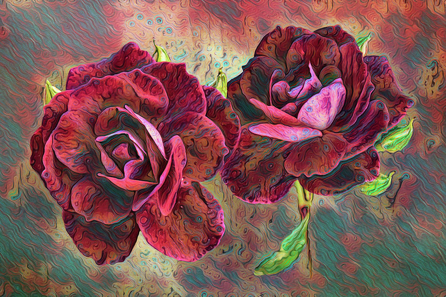 Burgundy Roses Abstract 1 Psychedelic Mixed Media by Linda Brody