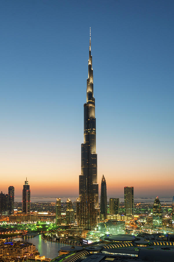 Burj Khalifa and skyline of Downtown Dubai at night in United Arab ...