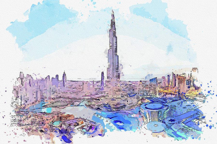 Burj Khalifa Dubai, Watercolor, By Ahmet Asar Painting