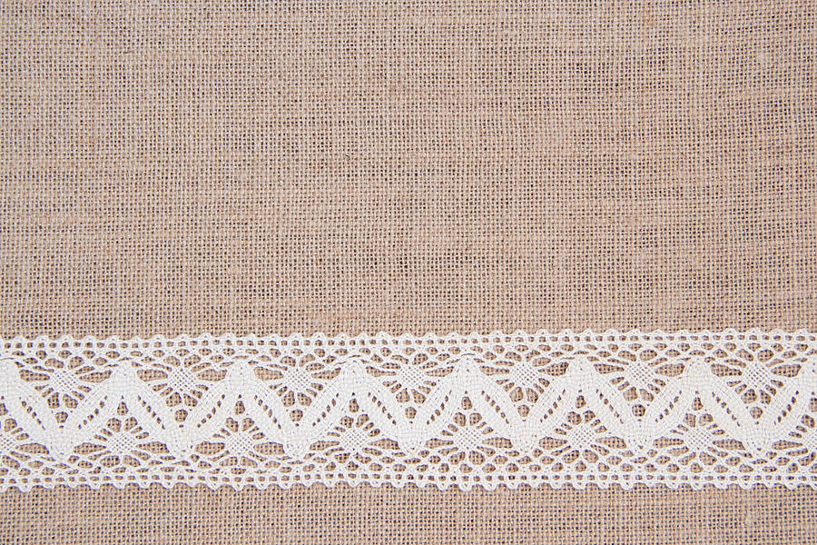 Burlap background with lace Photograph by Karisssa
