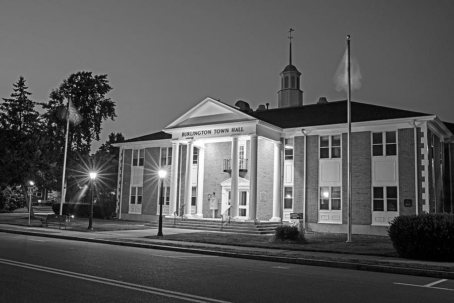 Burlington Massachusetts Town Hall at Dusk Blue Sky Black and White Photograph by Toby McGuire