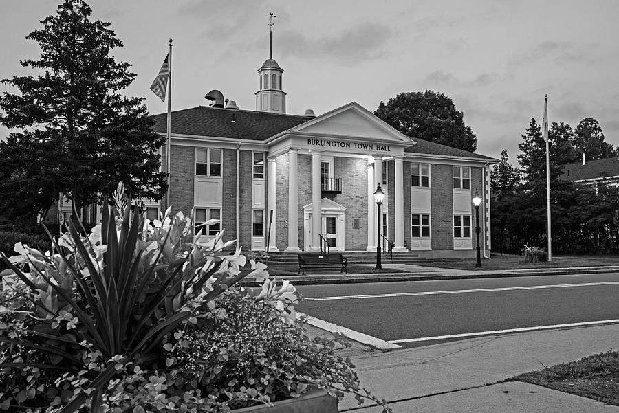 Burlington Massachusetts Town Hall Flowers at Dusk Black and White Photograph by Toby McGuire