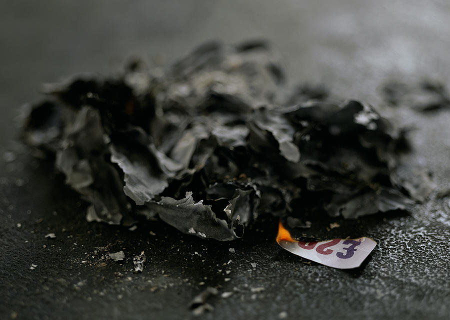 Burning corner of UK twenty pound note and pile of ash, close-up Photograph by Richard Drury