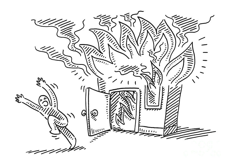 Black And White Drawing - Burning House Emergency Drawing by Frank Ramspott