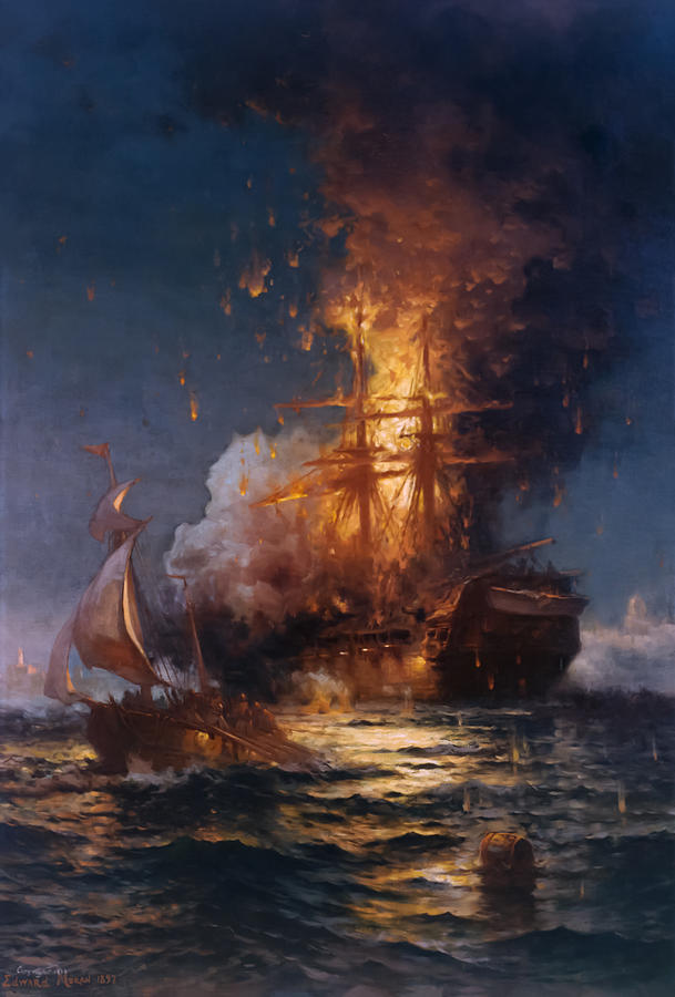 Edward Moran Painting - Burning of the Frigate Philadelphia  by Edward Moran