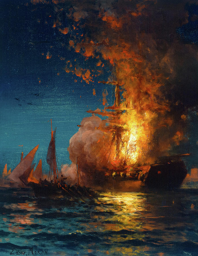 Edward Moran Painting - Burning of the Philadelphia, 1897 by Edward Moran