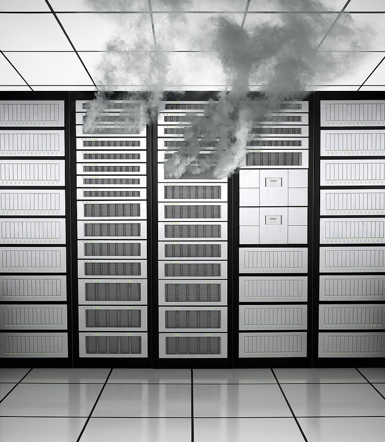 Burning rack of network servers. Photograph by Stephen Swintek
