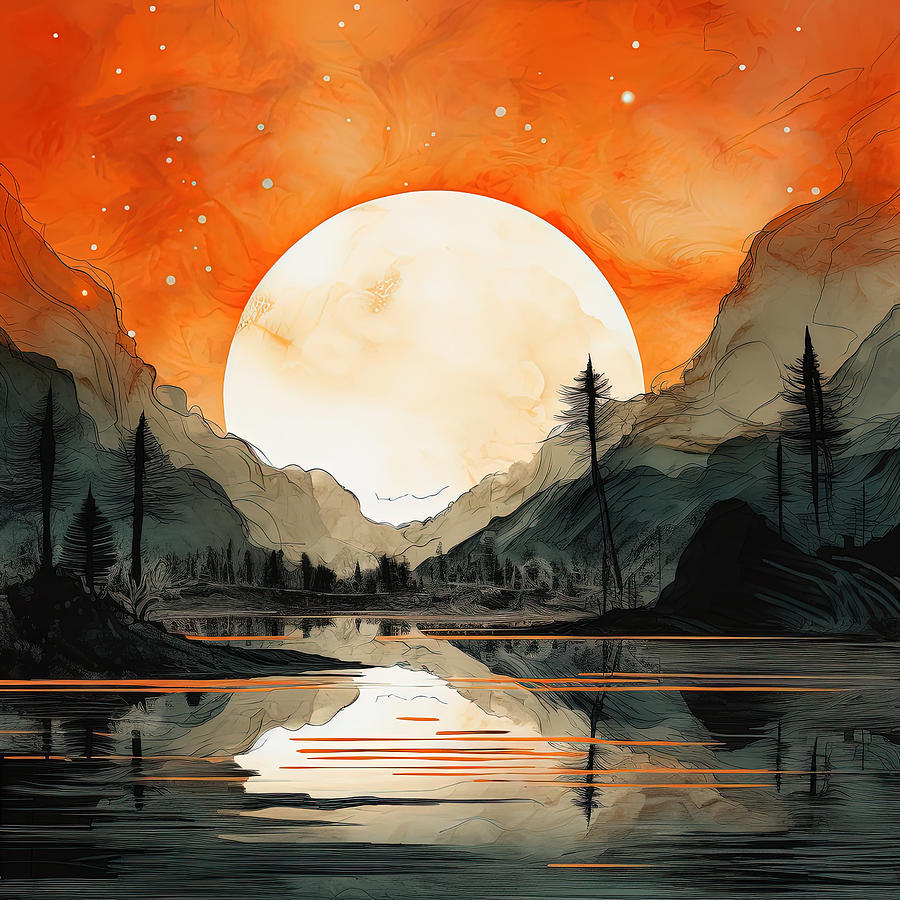 Moonlit Landscape Painting - Burnt Orange and Gray Art by Lourry Legarde
