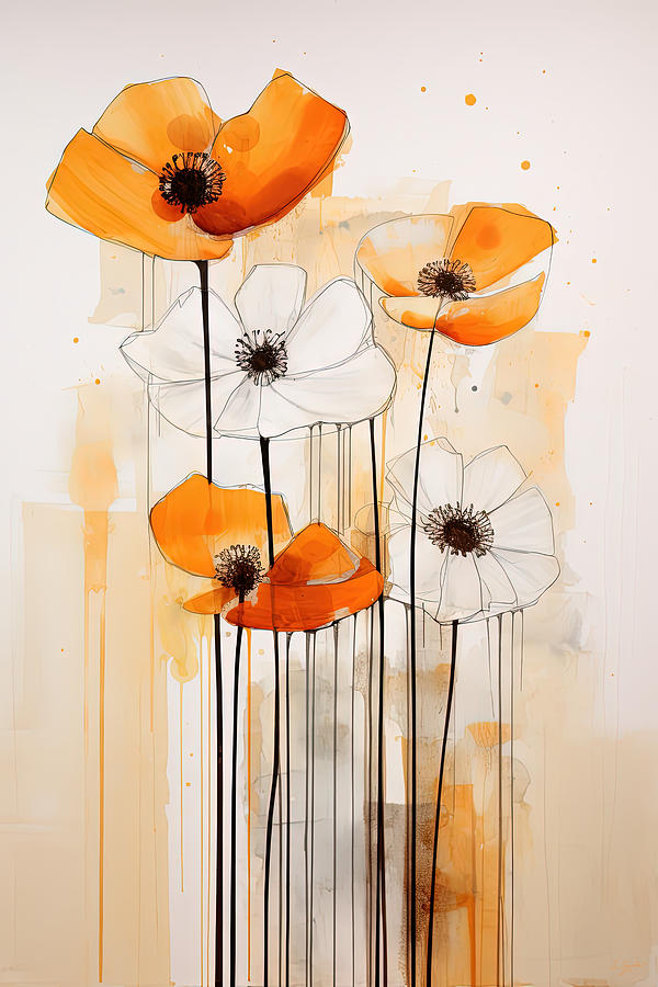 Burnt Orange Mid-Century Flowers Painting by Lourry Legarde