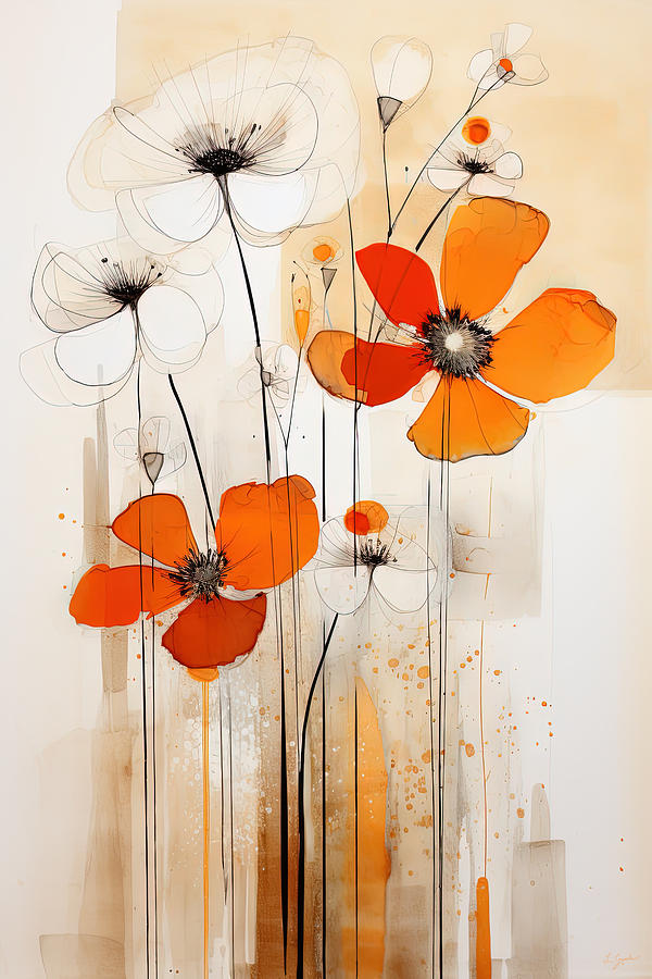 Retro Flowers Painting - Burnt Orange Modern Flowers by Lourry Legarde