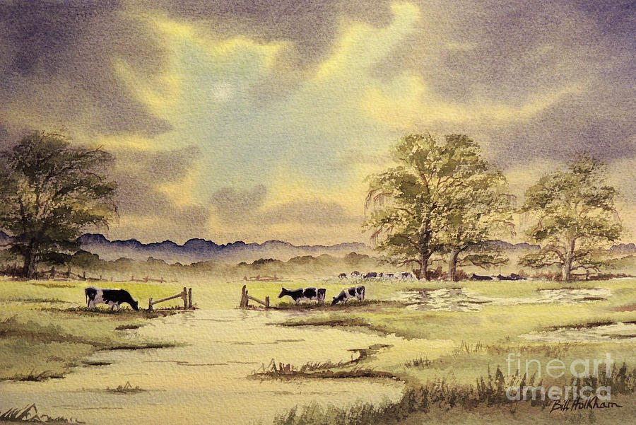 Burst Of Sunlight - Grazing Holstein Cows  Painting by Bill Holkham