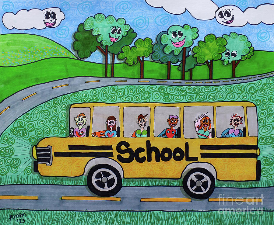 Bus To School Drawing by AnnMarie Parson-McNamara