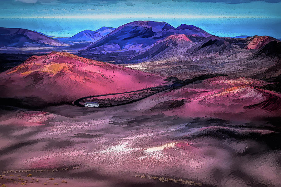 Landscape Mixed Media - Bus Tour Through Timanfaya National Park Canary Islands by Irene Isaacson