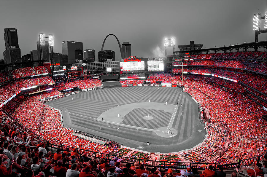 Saint Louis Nights And Baseball Stadium Lights With A Sea Of Red - Selective Color Photograph by Gregory Ballos