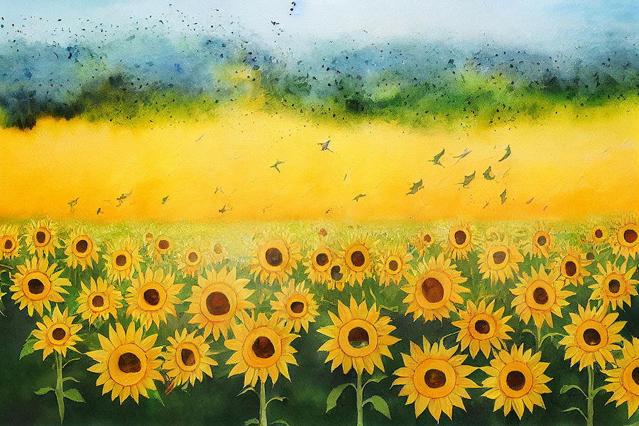 Bush  Fire  Sunflower  Field  Birds  Wind  Watercolor  Paint  56d3c5dd  043eee  645260  043645364556 Painting