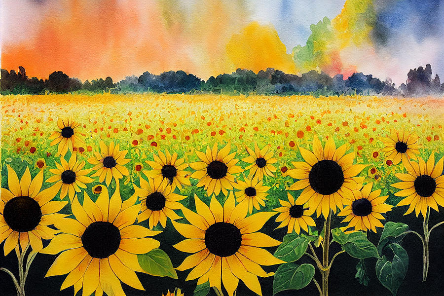 Bush  fire  sunflower  field  birds  wind  watercolor  paint  645563eb7645c66  770436  64504359  af6 Painting by Celestial Images
