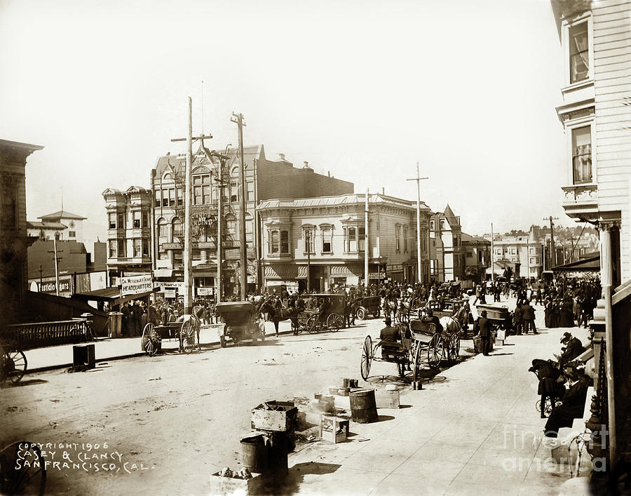 San Francisco Photograph - Bush street, looking out from Fillmore, many wagons 1906 by Monterey County Historical Society