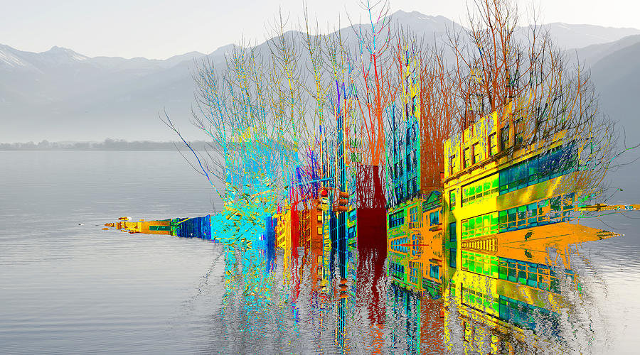Bushes and its reflection in the middle of the lake with mountai Painting by Tony Rubino