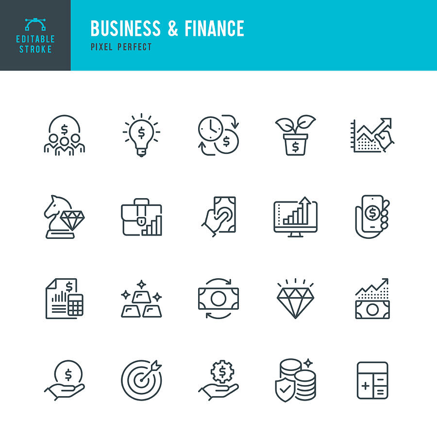 BUSINESS & FINANCE - thin line vector icon set. Pixel perfect. Editable stroke. The set contains icons: Investment, Wealth Growth, Gold, Business Strategy, Target, Wealth Insurance, Diamond. Drawing by Fonikum