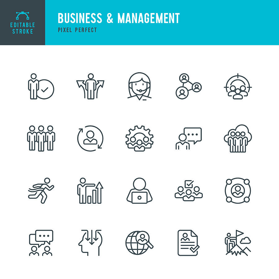 Business & Management - thin line vector icon set. Pixel perfect. Editable stroke. The set contains icons People, Human Resources, Teamwork, Support, Resume, Choice. Drawing by Fonikum