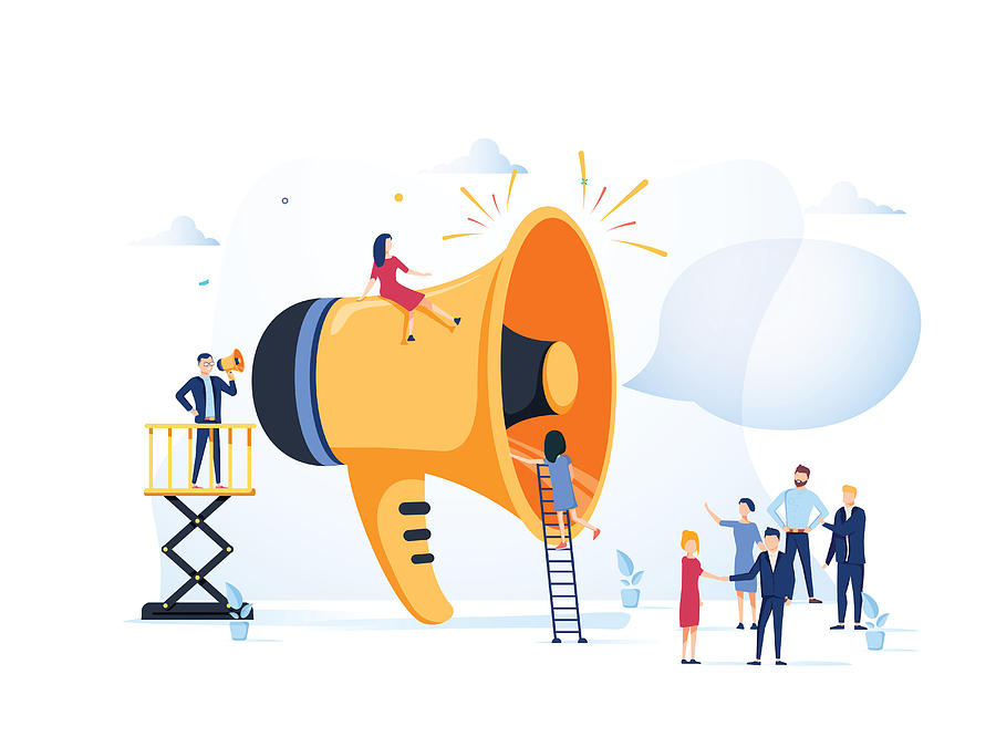 Business Advertising Promotion. Loudspeaker Talking to the Crowd. Big Megaphone and Flat People Characters Advertisement Drawing by Mykyta Dolmatov