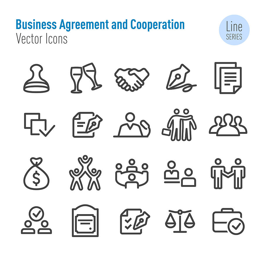 Business Agreement and Cooperation Icons - Vector Line Series Drawing by -victor-