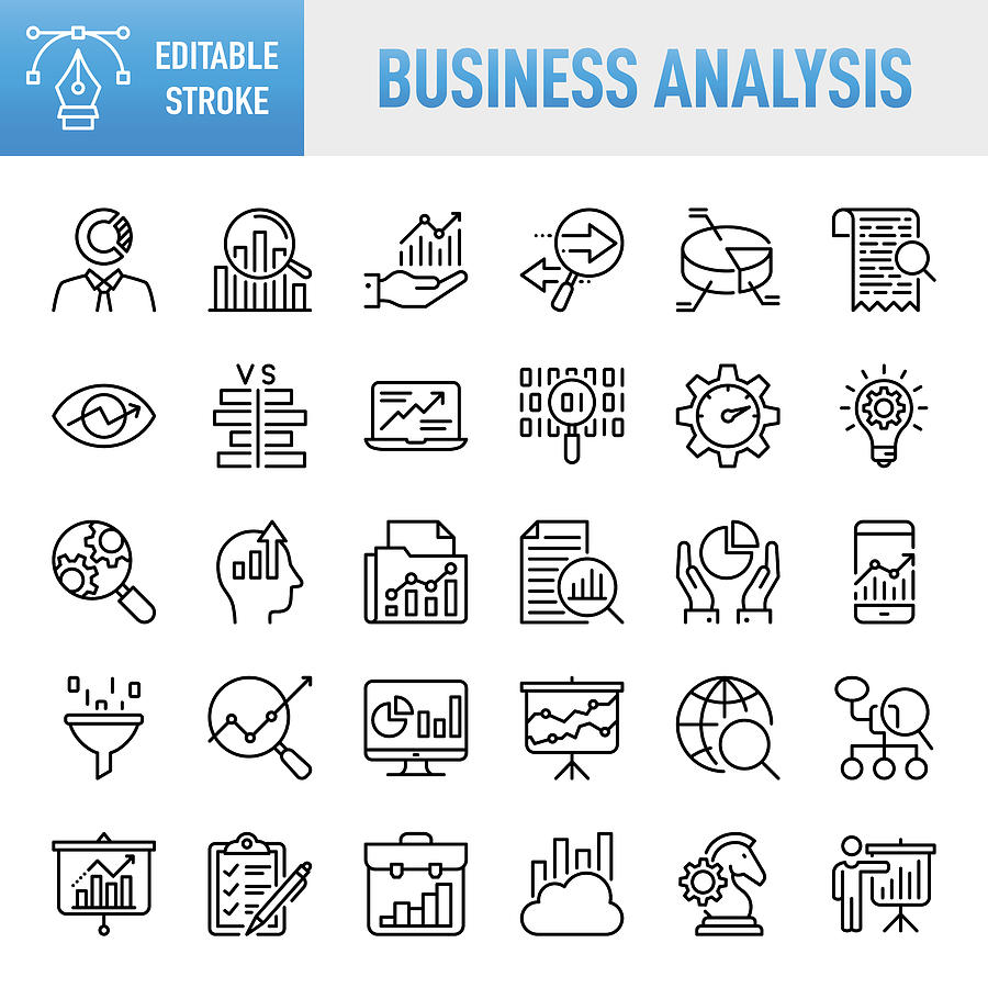 Business Analysis - Thin line vector icon set. Pixel perfect. Editable stroke. For Mobile and Web. The set contains icons: Analyzing, Data, Big Data, Research, Examining, Chart, Diagram, Expertise, Planning, Advice Drawing by Phototechno
