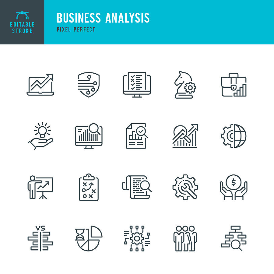 Business Analysis - thin line vector icon set. Pixel perfect. Editable stroke. The set contains icons: Business Strategy, Big Data, Solution, Briefcase, Research, Data Mining, Accountancy. Drawing by Fonikum