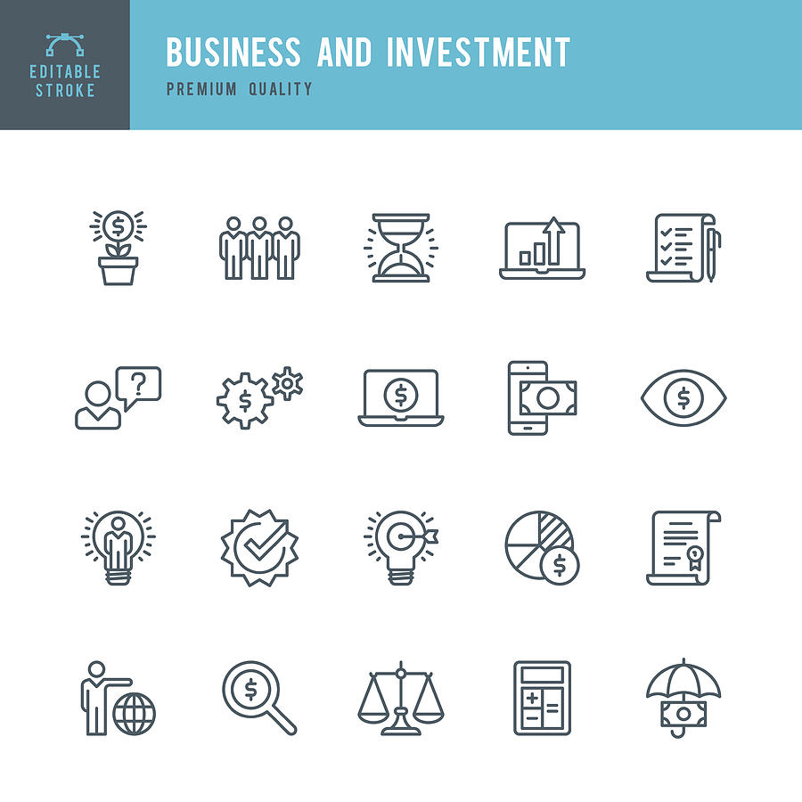 Business and Investment  - Thin Line Icon Set Drawing by Fonikum