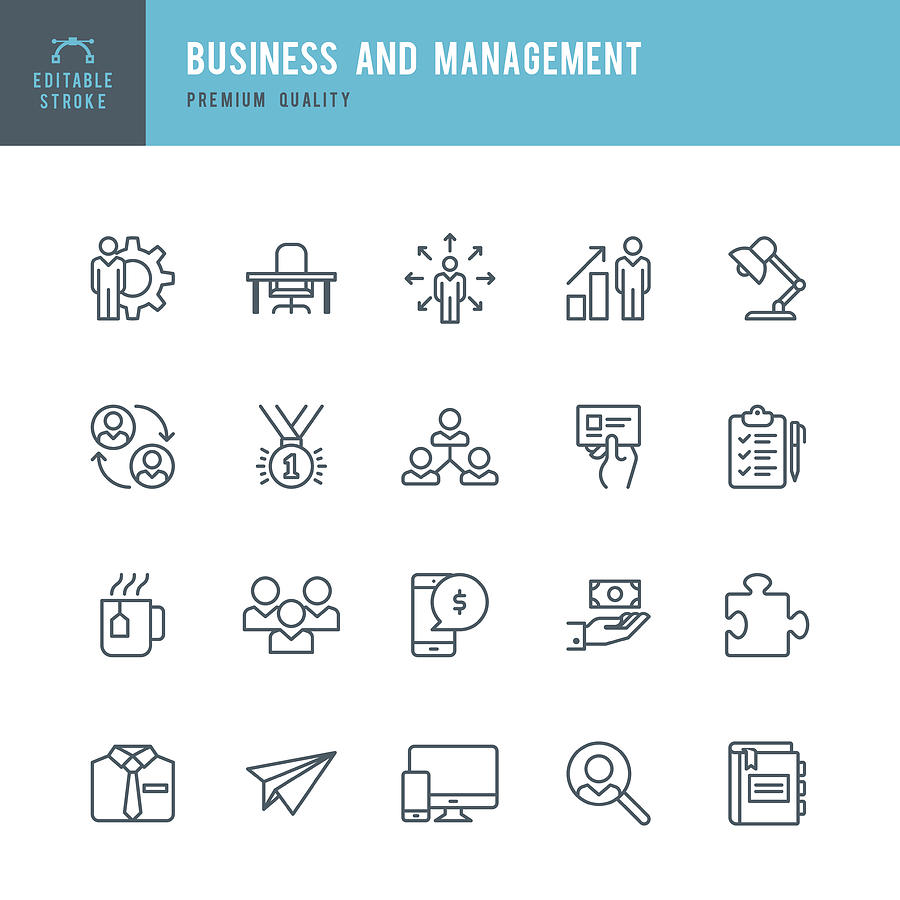 Business and Management  - Thin Line Icon Set Drawing by Fonikum