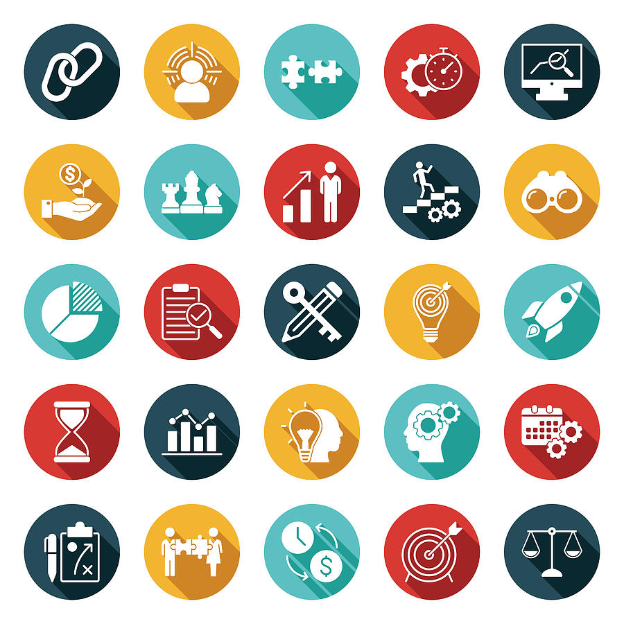 Business And Strategy Icons With Long Shadow Drawing by Tuncay GÜNDOĞDU Business And Strategy Icons With Long Shadow Drawing by Tuncay GÜNDOĞDU