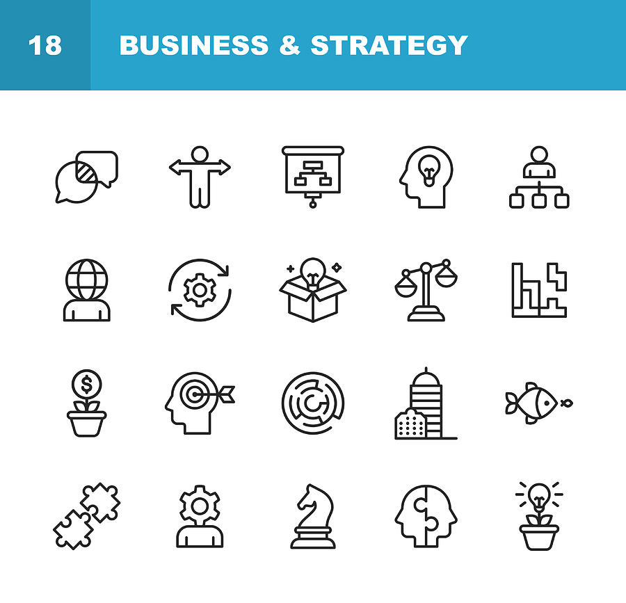 Business and Strategy Line Icons. Editable Stroke. Pixel Perfect. For Mobile and Web. Contains such icons as Business Strategy, Business Management, Time Management, Office Building, Corporate Development. Drawing by Rambo182