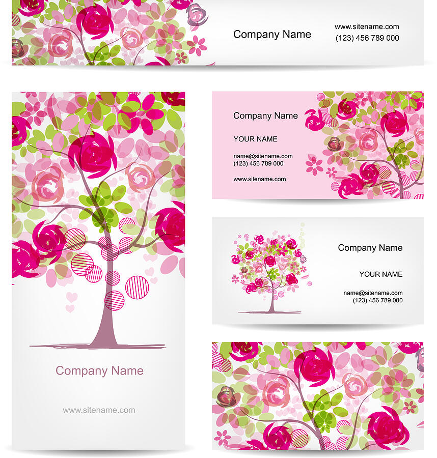 Business cards design, pink floral style Drawing by Kudryashka