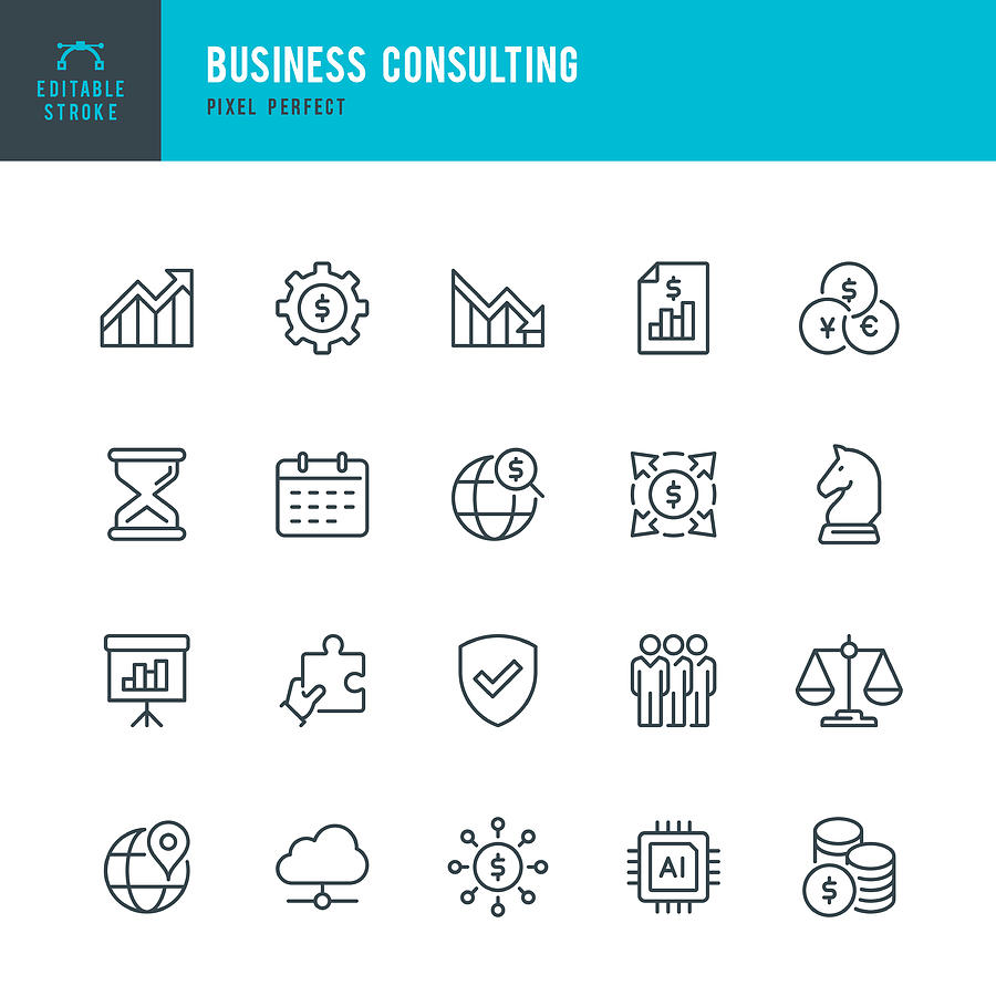 Business Consulting - thin line vector icon set. Pixel perfect. Editable stroke. The set contains icons: Business Strategy, Diagram, Financial Report, Artificial Intelligence, Group Of People, Financial Process. Drawing by Fonikum