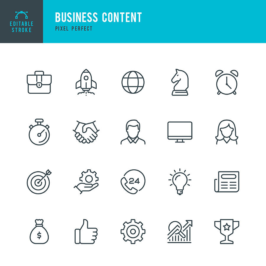 Business Content - thin line vector icon set. Pixel perfect. Editable stroke. The set contains icons: Startup, Business Strategy, Data Analysis, Budget, Target, Award, Portfolio, Man, Women, Idea, Contact Us. Drawing by Fonikum