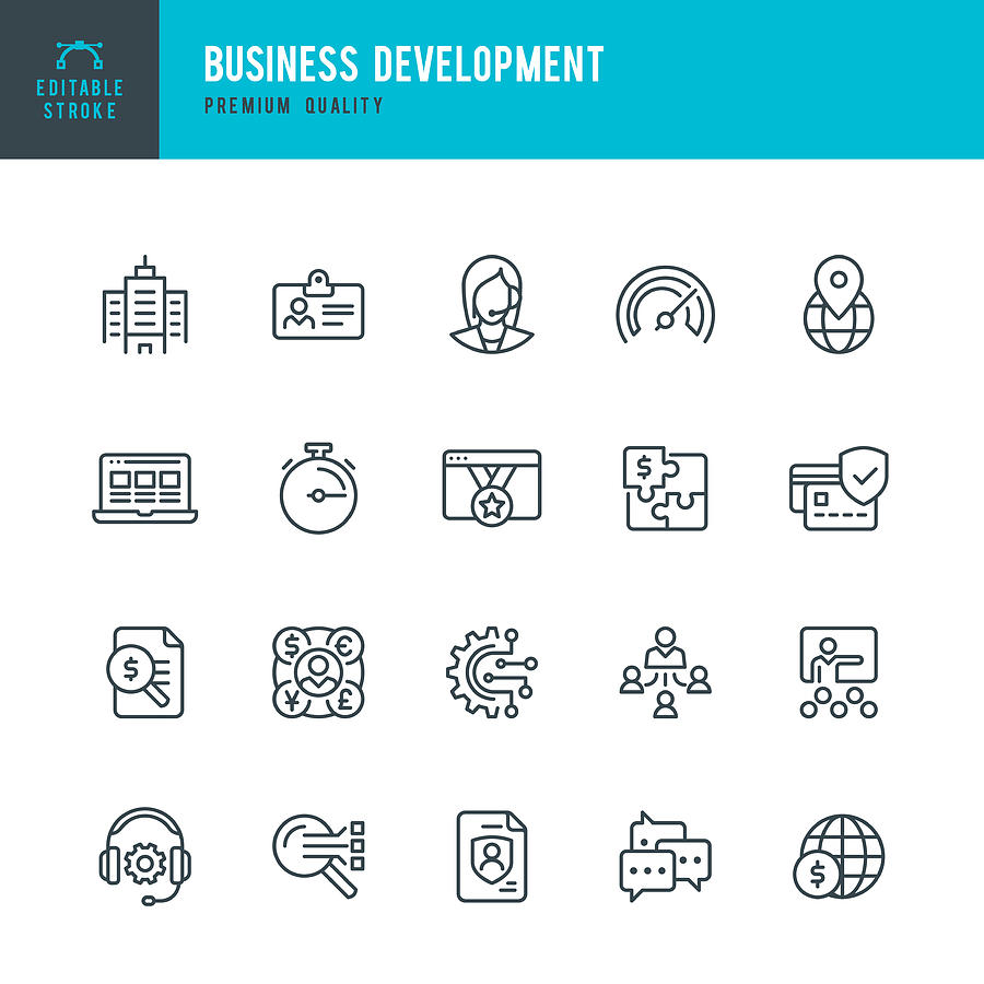Business Development - vector line icon set. Editable stroke. Pixel perfect. Set contains such icons as Office, Support, Management, Insurance, Webinar. Drawing by Fonikum
