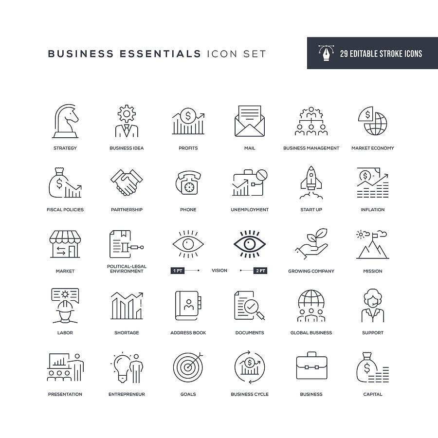 Business Essentials Editable Stroke Line Icons Drawing by Enis Aksoy