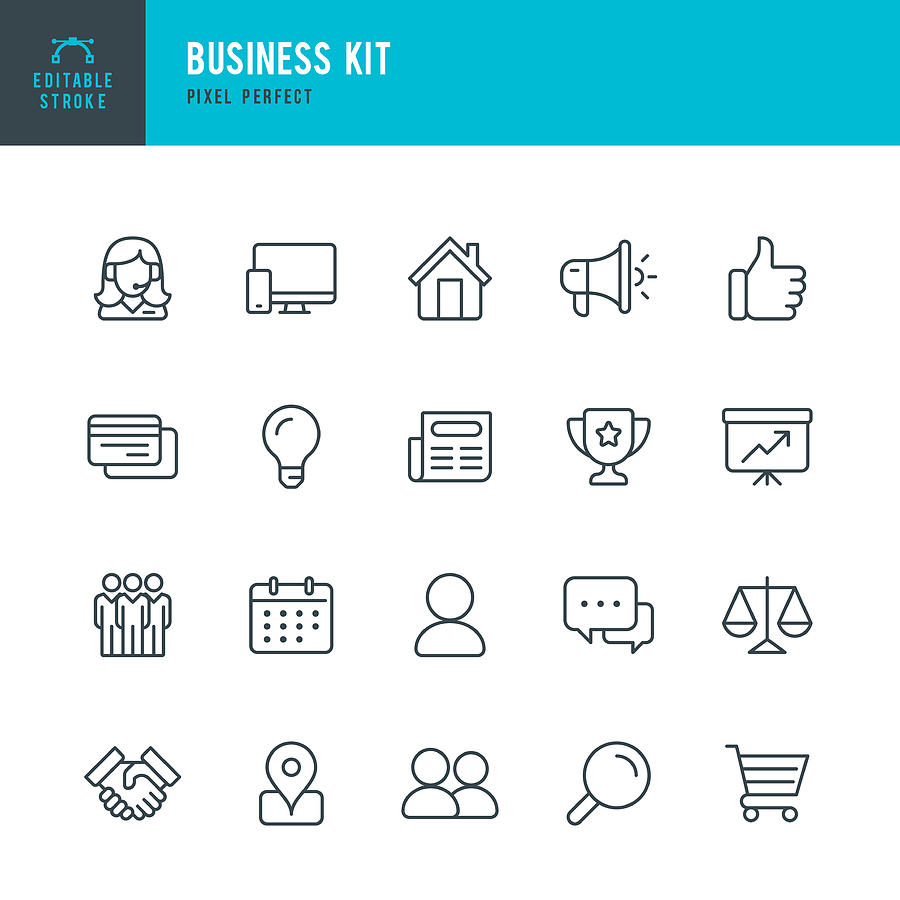 BUSINESS KIT - thin line vector icon set. Pixel perfect. Editable stroke. The set contains icons: Team, Award, Support, Handshake, Megaphone, Credit Card, Diagram, Shopping, Thumbs Up. Drawing by Fonikum
