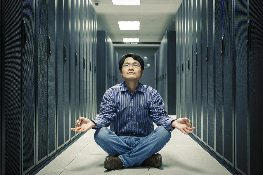 Business Man Practice Yoga At Network Server Room Photograph by Bjdlzx