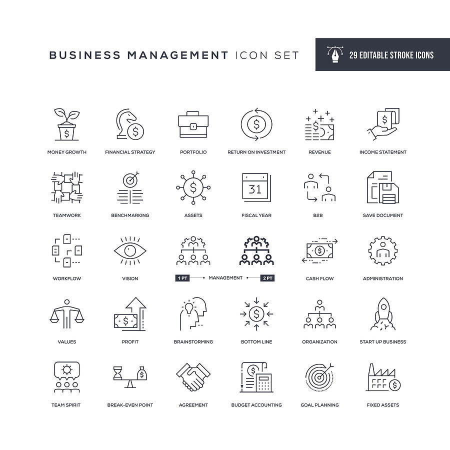 Business Management Editable Stroke Line Icons Drawing by Enis Aksoy