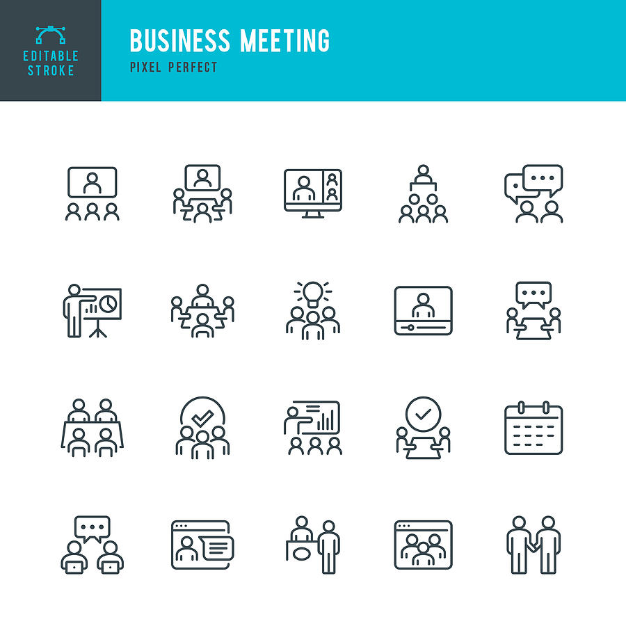 Business Meeting - thin line vector icon set. Pixel perfect. The set contains icons: Business Meeting, Web Conference, Teamwork, Presentation, Speaker, Distant Work. Drawing by Fonikum
