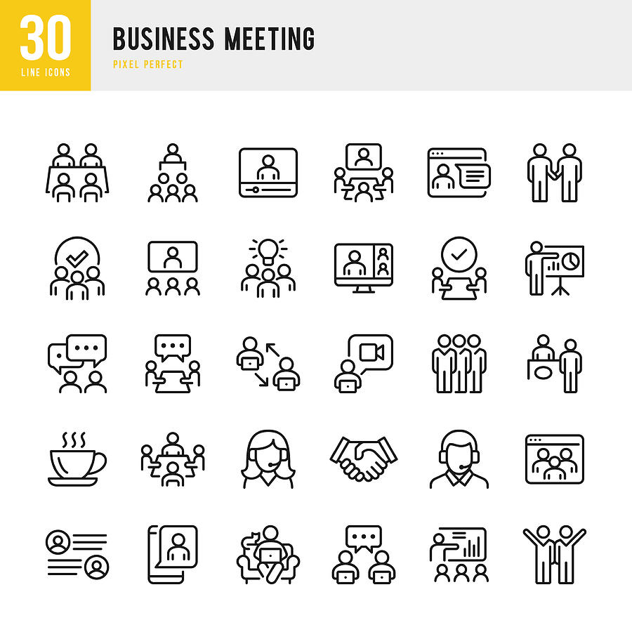 Business Meeting - thin line vector icon set. Pixel perfect. The set contains icons: Business Meeting, Web Conference, Teamwork, Presentation, Speaker, Distant Work, Group Of People. Drawing by Fonikum