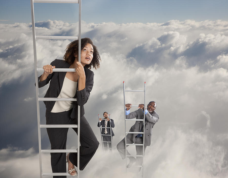 Business people climbing ladders into clouds Photograph by John M Lund Photography Inc