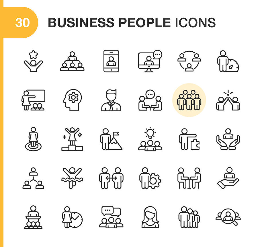 Business People Line Icons. Editable Stroke. Pixel Perfect. For Mobile and Web. Contains such icons as Smartphone, Human Resources, Collaboration, Leadership, Meeting. Drawing by Rambo182