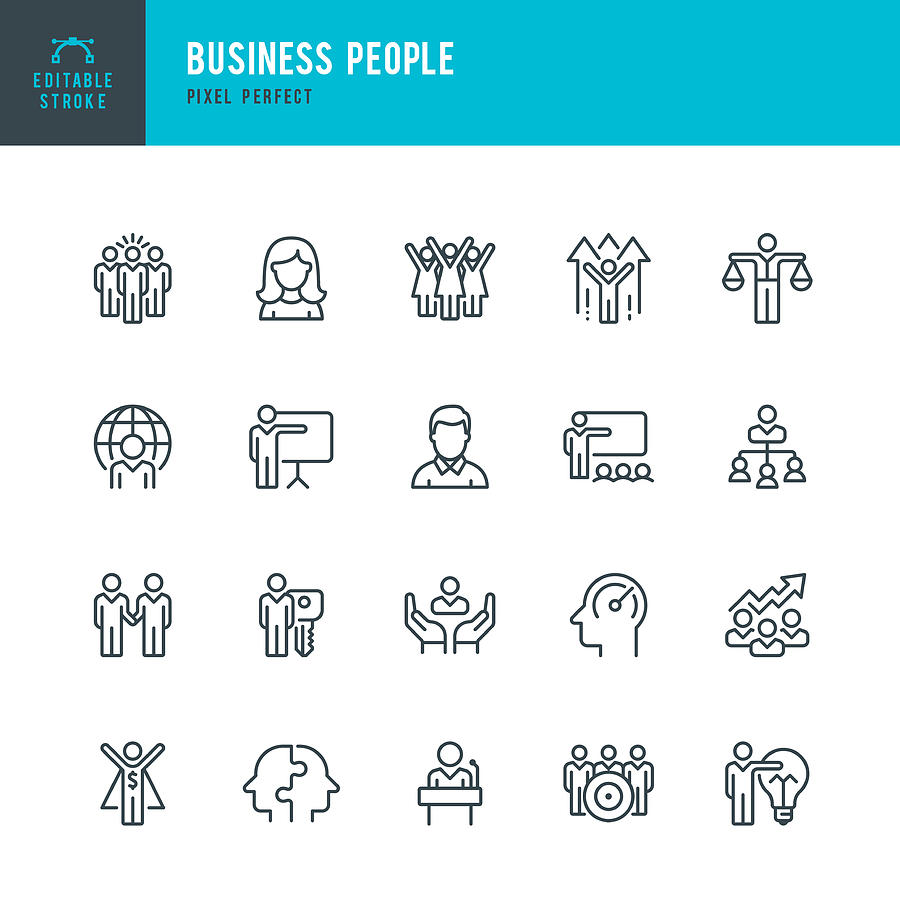 Business People - thin linear vector icon set. Pixel perfect. Editable stroke. Pixel perfect. The set contains icons: People, Teamwork, Partnership, Presentation, Leadership, Growth, Manager. Drawing by Fonikum