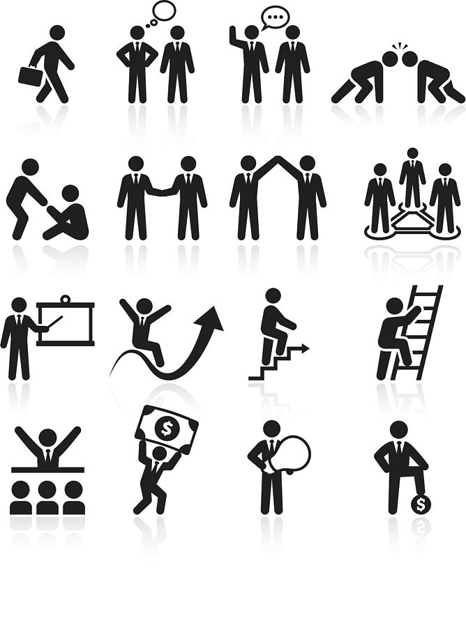 Business team success and achievement black & white icon set Drawing by Bubaone