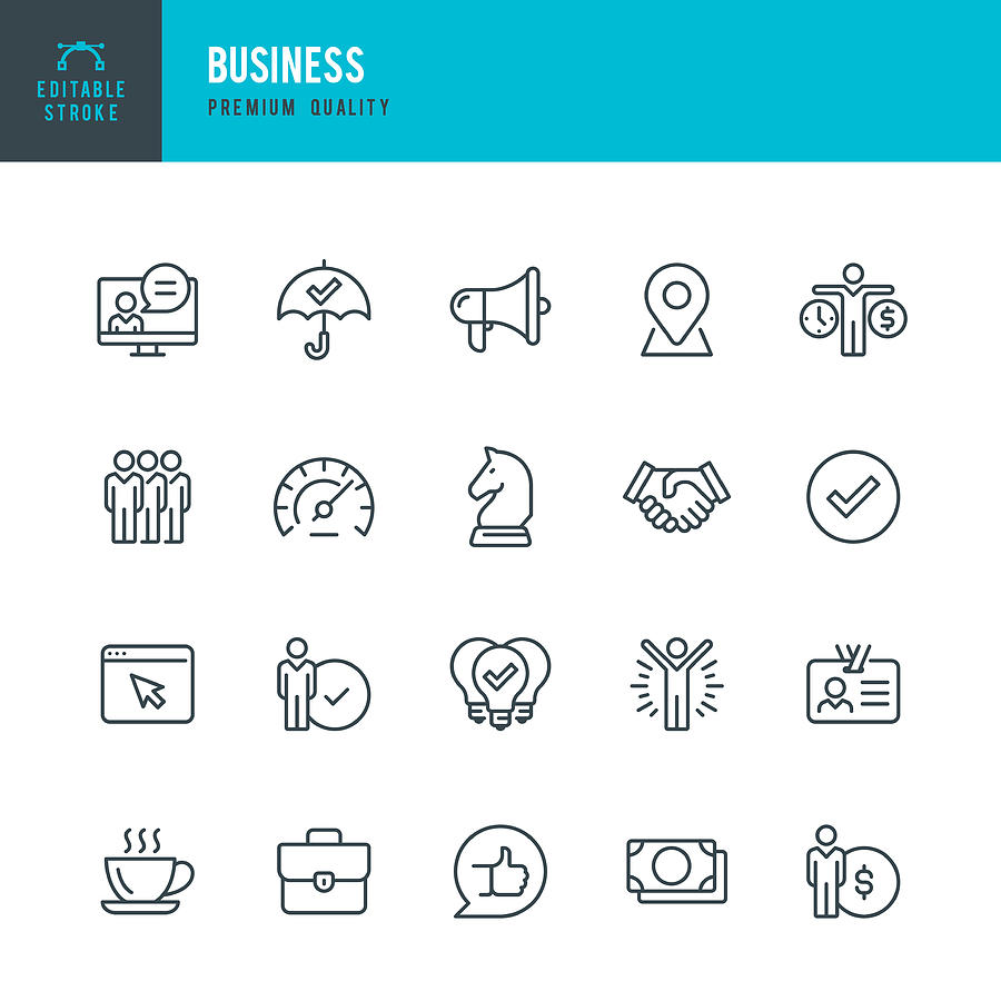 Business - thin line vector icon set. Editable stroke. Pixel Perfect. Set contains such icons as Team, Strategy, Success, Performance, Website, Handshake. Drawing by Fonikum