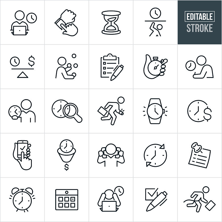 Business Time Management Thin Line Icons - Editable Stroke Drawing by Appleuzr