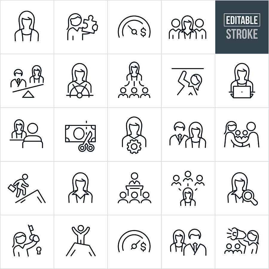 Business Women Thin Line Icons - Editable Stroke Drawing by Appleuzr