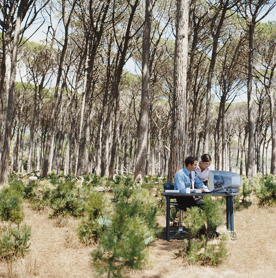 Businessman and Businesswoman Work on a Computer at a Desk in a Forest Photograph by Digital Vision.